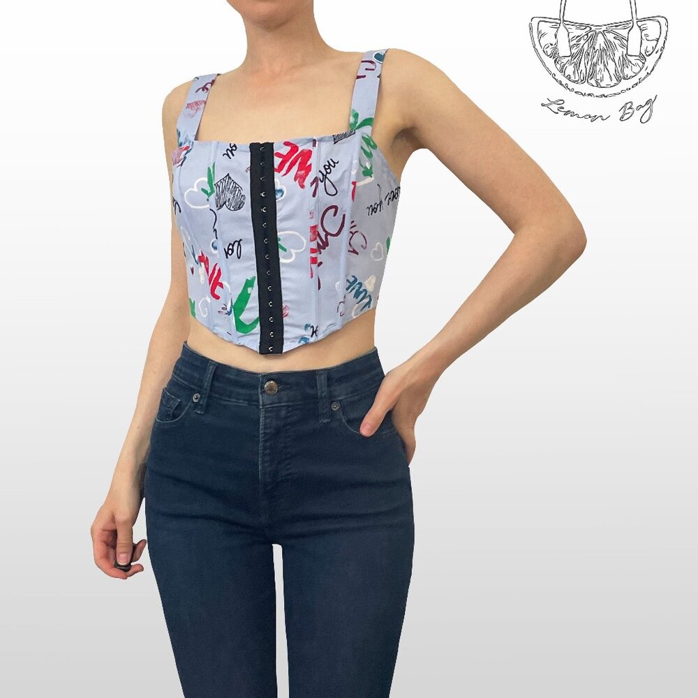 Rabbit Rose / Blue Graffiti Printed Bustier Corset Crop Top/ Size M /Color Blue